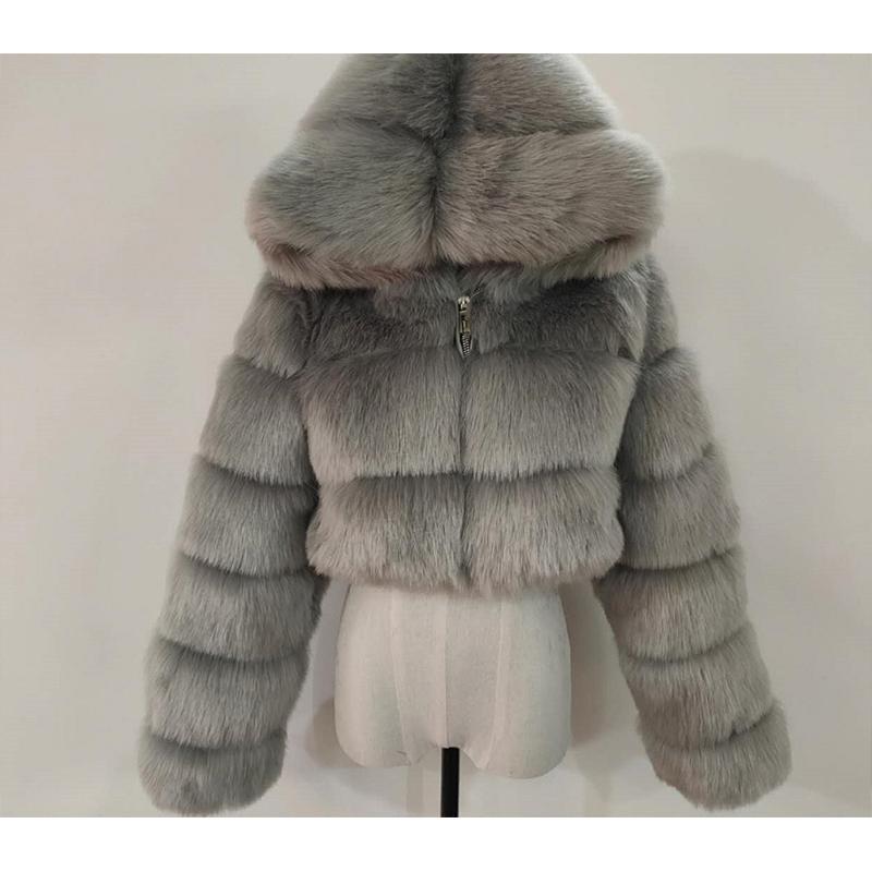 Women hooded cropped solid color long sleeve faux fur coat