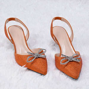Women rhinestone bowknot pointed toe slingback stiletto heels