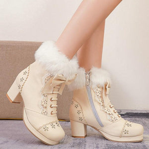 Women cute bowknot lace up hollow flower heeled faux fur short winter boots