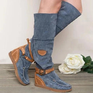 Wedge heel knee high boots suede retro ankle strap buckle long boots