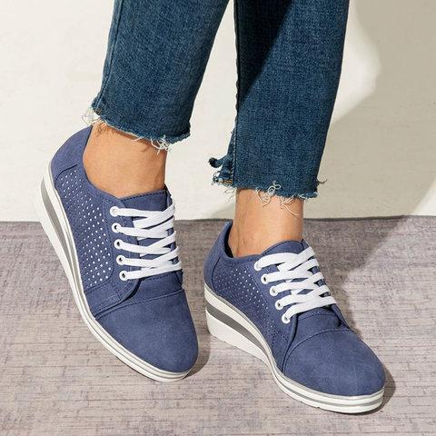 Women Fashion Lace Up Hollow Out Wedge Heel Sneakers - fashionshoeshouse