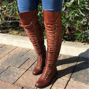 Over the knee combat boots thigh high motorcycle boots lace up tall boots for women
