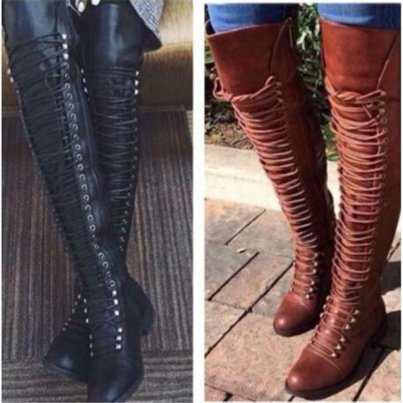 Over the knee combat boots thigh high motorcycle boots lace up tall boots for women