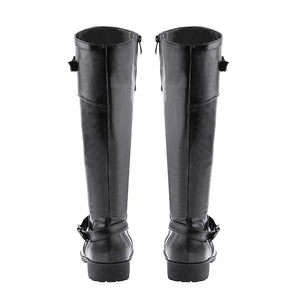 Women's knee high chunky heel boots buckle strap motorcycle boots