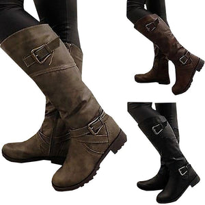 Women's knee high chunky heel boots buckle strap motorcycle boots