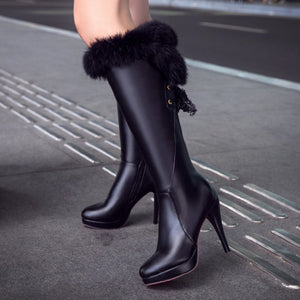 Women fuzzy cuff high heel knee high boots | PU leather winter boots