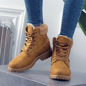 Anti-slip fur lining combat boots lace-up warm winter snow boots for women