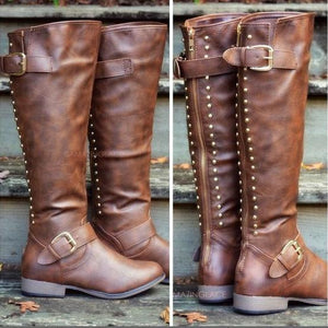 Women chunky heel studded buckle strap zipper knee high cowboy boots