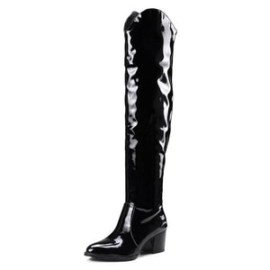 Women Pointed Toe Winter Fall Snakeskin Fashion Chunky High Heel Over The Knee Boots
