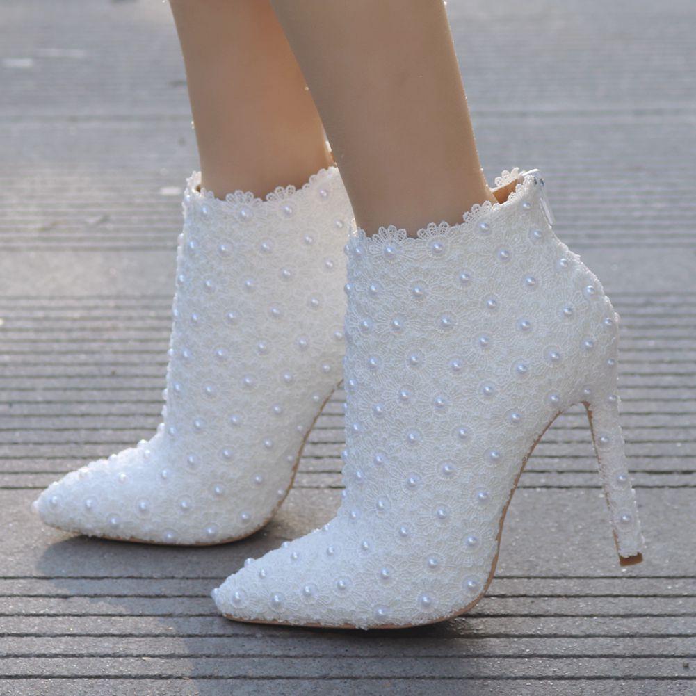 White lace stiletto heeled wedding pointed toe bridal ankle boots