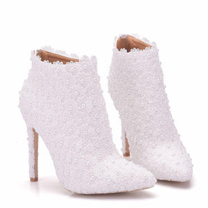 White lace stiletto heeled wedding pointed toe bridal ankle boots