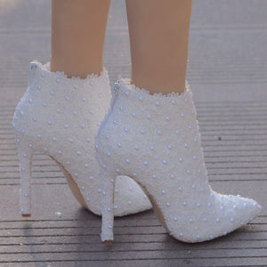 White lace stiletto heeled wedding pointed toe bridal ankle boots