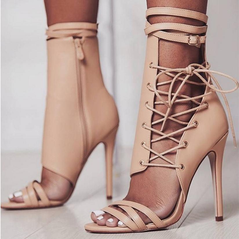 Women summer sexy criss cross strappy lace up high heel boots