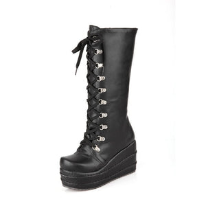 Women winter knee high lace up chunky platform boots