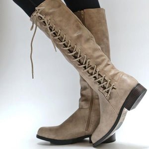 Women block heel side lace up zipper knee high boots