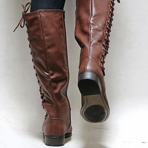 Women block heel side lace up zipper knee high boots