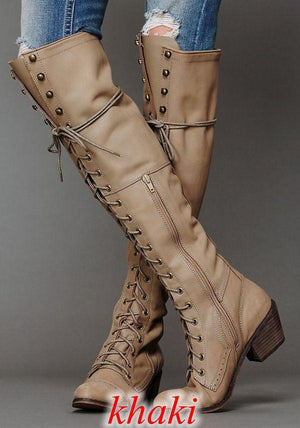 Women's knee high lace-up boots with zipper chunky fashion long boots