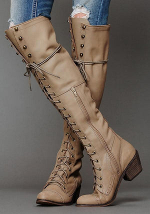 Women's knee high lace-up boots with zipper chunky fashion long boots
