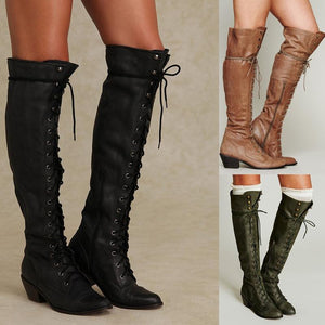 Women's knee high lace-up boots with zipper chunky fashion long boots