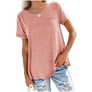 Women summer loose solid pocket short sleeve shirts