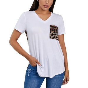 Women leopard pocket v neck short sleeve shirts