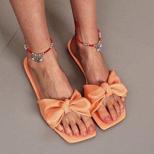 Women bowknot square peep toe summer flat slide sandals