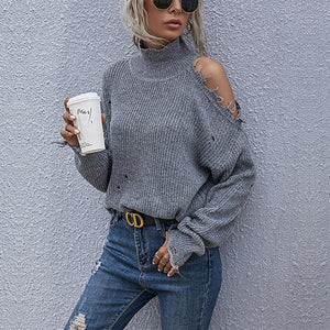 Women one shoulder ripped long sleeve pullover turtleneck sweater