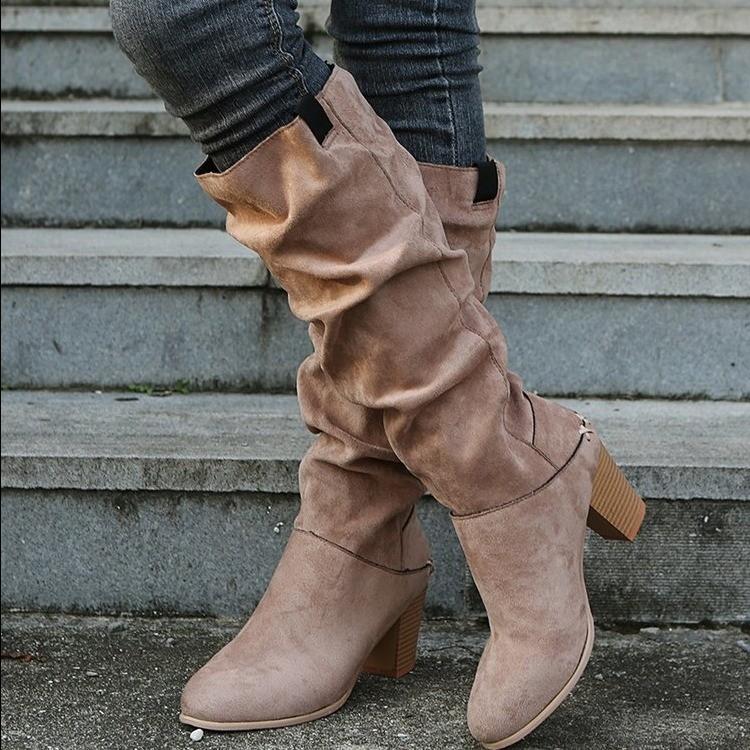 Women fashion chunky heel knee high slouch boots