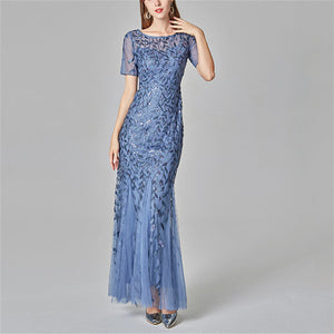 Floral sequins mesh patchwork bodycon fishtail maxi dress | Premium evening gowns party prom dress