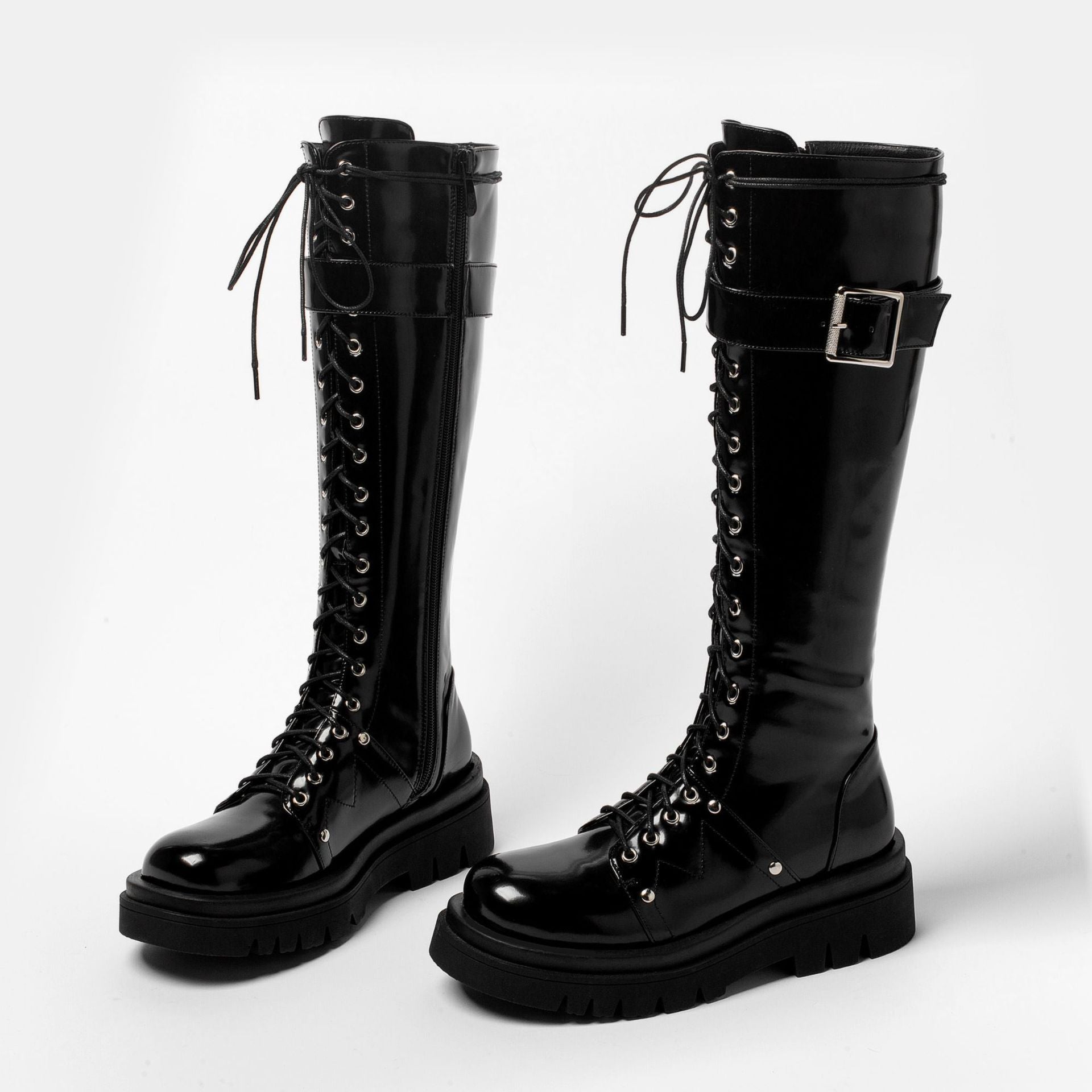 Women's platform knee high zipper boots lace-up platform combat boots