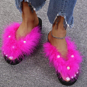 Women summer fuzzy pearls flip flops slide sandals