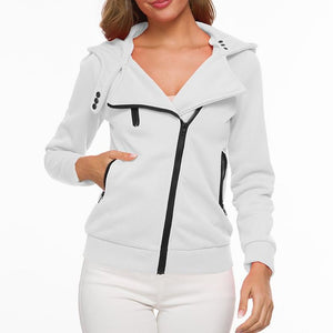 Women Diagonal Zipper Winter Fur Lining Hooded Sweatshirt