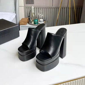 Women suqare peep toe chunky high slide platform heels