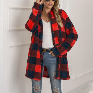 Women winter fall long sleeve color block plaid cardigan