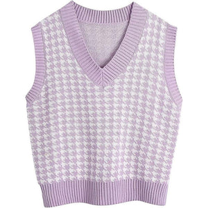 Winter fall pullover knit v neck plaid sweater vest women