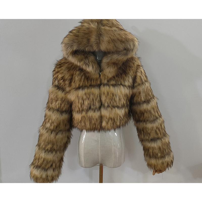 Women cropped hooded solid color long sleeve faux fur coat