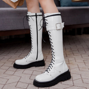Women's platform knee high zipper boots lace-up platform combat boots