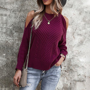 Women off shoulder slit hem solid color cable knit sweater