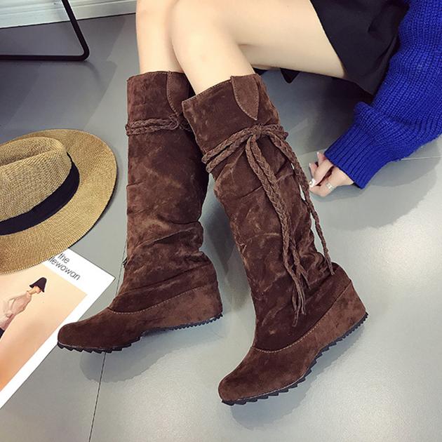 Women winter flat woven fringed knee high boots