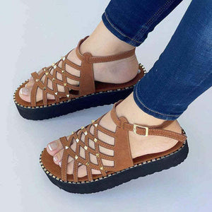 Women peep toe criss cross studded buckle strap platform sandals