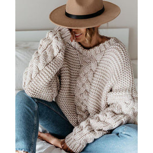 Women pullover v neck long sleeve cable knit sweater