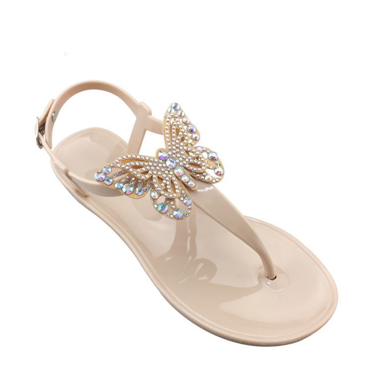 Women butterfly rhinestone buckle strap flat jelly sandals