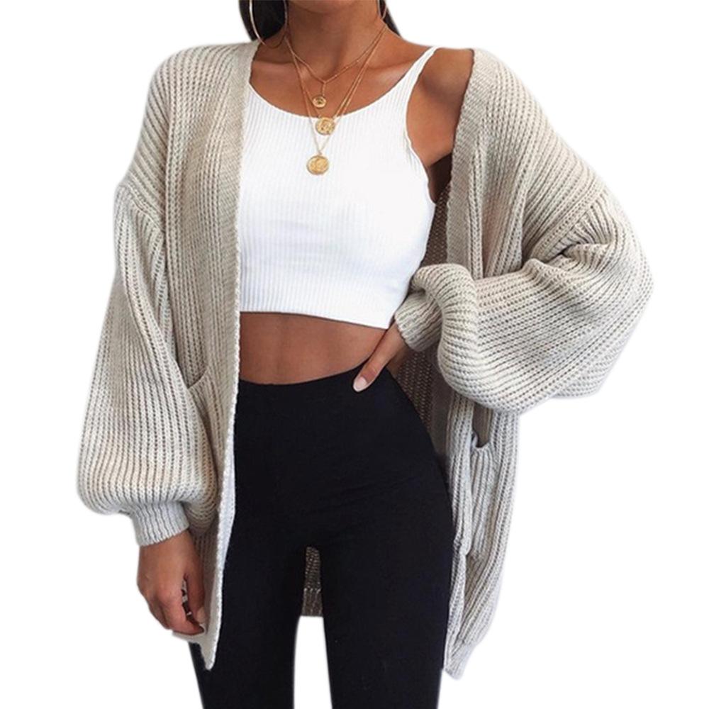 Women long sleeve solid color loose knitted cardigan