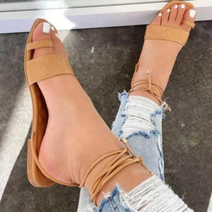 Women ring toe strap flat strappy lace up sandals