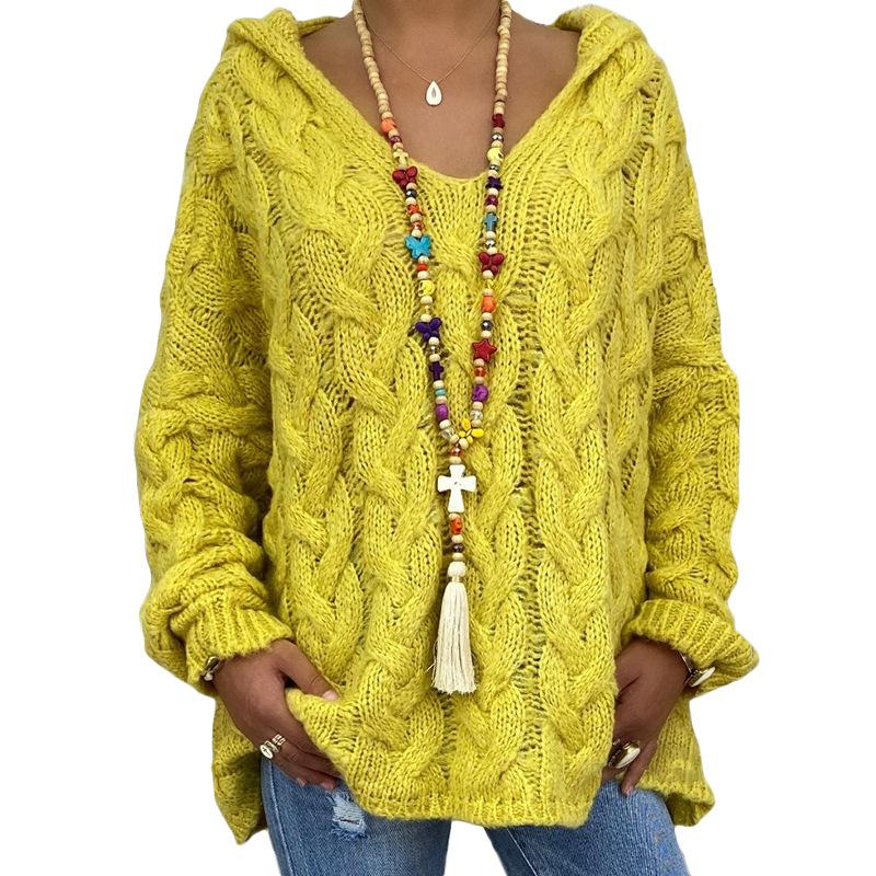 Women's cable knit sweater hooded oversized solid color tunic sweater