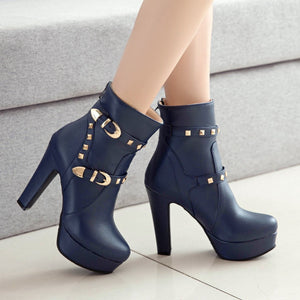 Women studded buckle strap short platform chunky high heel boots