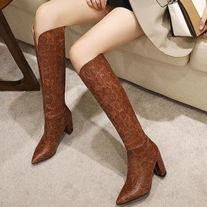 Women fashion v cut snakeskin chunky high heel knee high boots