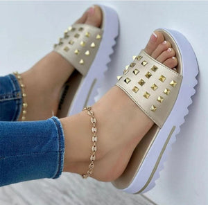 Women studded peep toe one strap beach slide sandals