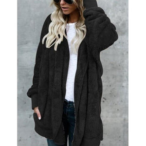 Women faux fur fleece hooded winter warm outerwear