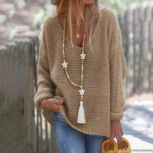 Women fall crochet knit long sleeve v neck sweater